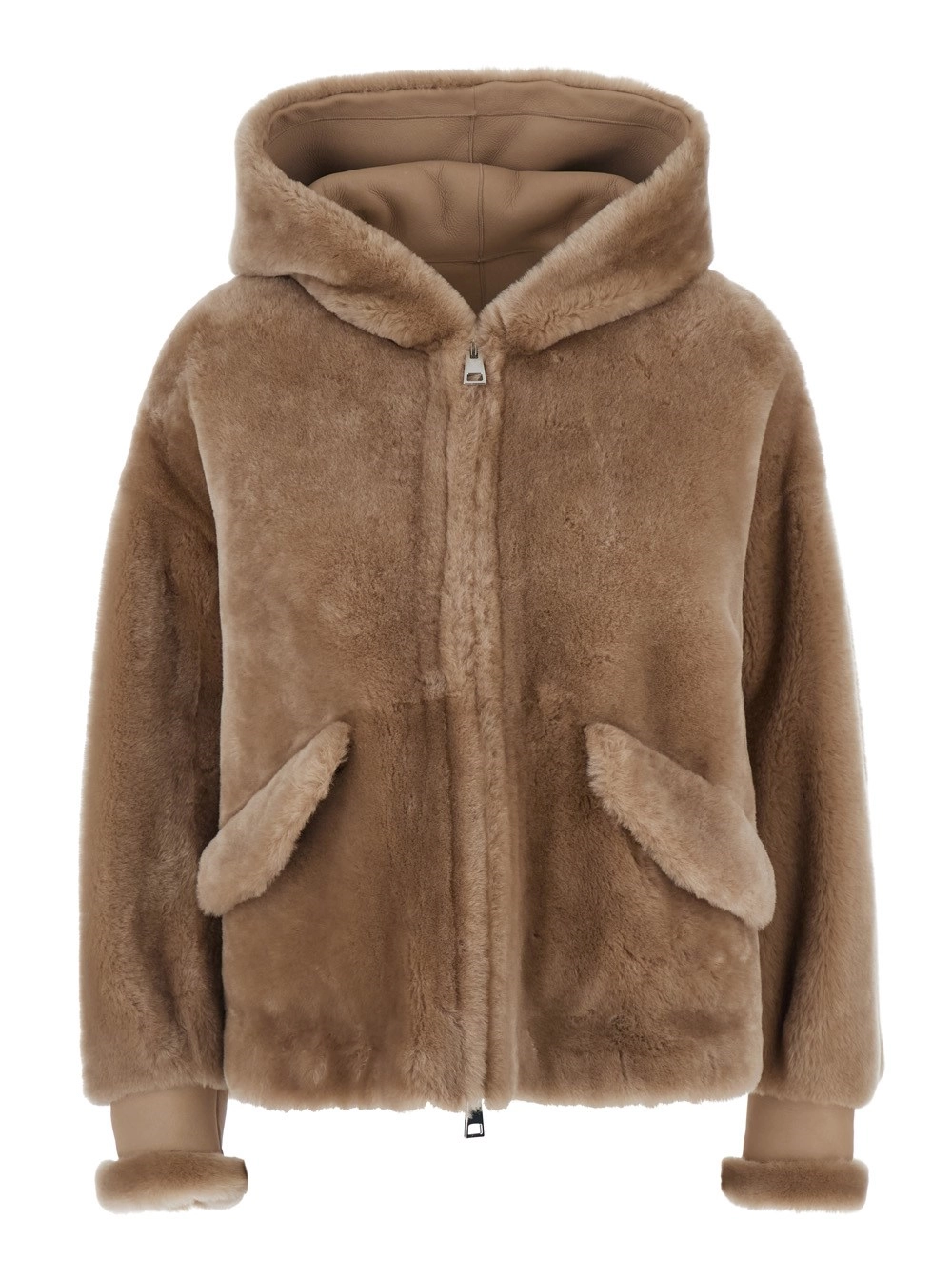Blancha Giubbotto con cappuccio fisso e tasche laterali in pelliccia beige donna