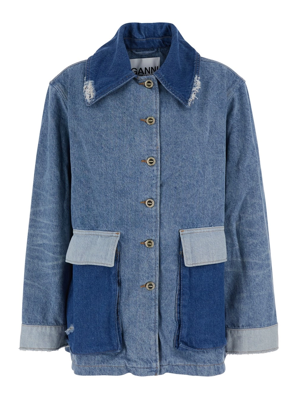 Ganni Giubbotto con colletto classico con dettagli sfrangiati e design patchwork in denim blu donna