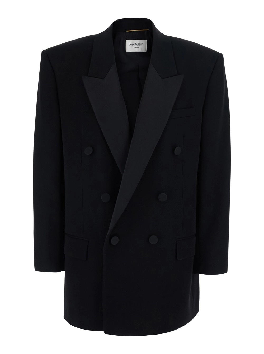 Saint Laurent Giacca Doppiopetto con Revers a Lancia in Lana Nera Donna