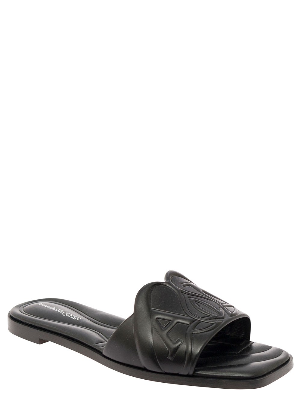 Alexander McQueen Sandalo Trapuntato con Motivo Logo in Pelle Nera Donna, view 2