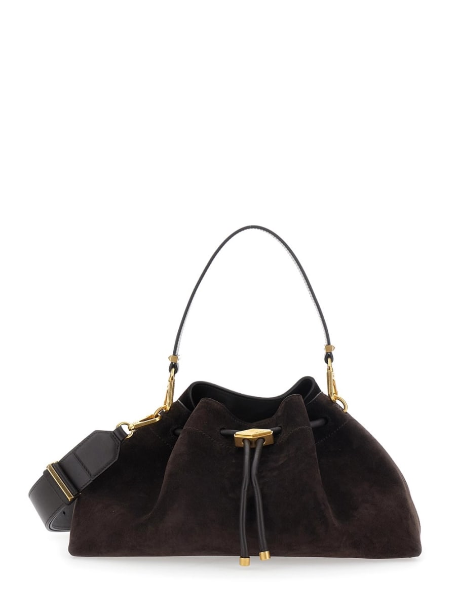 Jimmy Choo Borsa a Spalla 'Bon Bon' con Chiusura a Coulisse e Logo Impresso sul Fronte in Pelle Scamosciata Marrone Donna