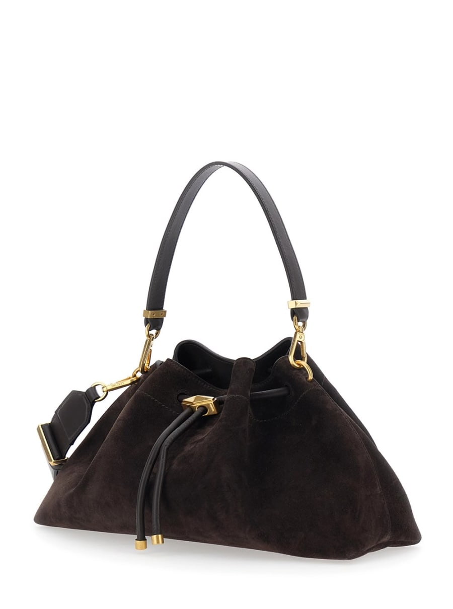 Jimmy Choo Borsa a Spalla 'Bon Bon' con Chiusura a Coulisse e Logo Impresso sul Fronte in Pelle Scamosciata Marrone Donna, view 2
