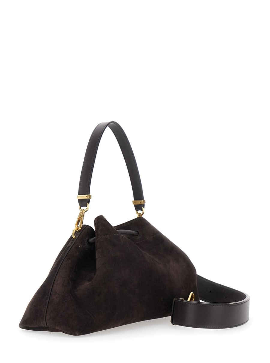 Jimmy Choo Borsa a Spalla 'Bon Bon' con Chiusura a Coulisse e Logo Impresso sul Fronte in Pelle Scamosciata Marrone Donna, view 3