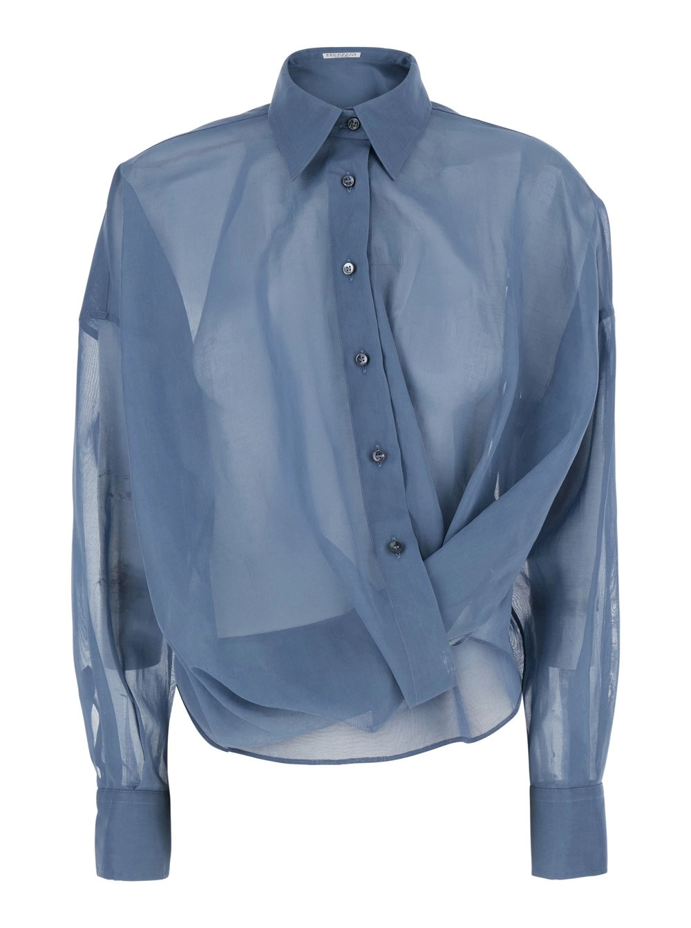 Brunello Cucinelli Camicia con Chiusura Decentrata sul Fronte e Monile sul Retro in Cotone Blu Donna