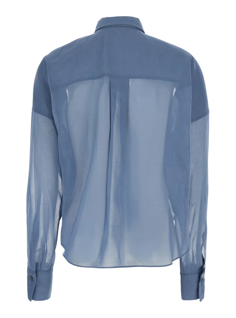Brunello Cucinelli Camicia con Chiusura Decentrata sul Fronte e Monile sul Retro in Cotone Blu Donna, view 2