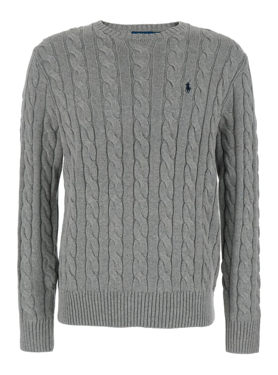Polo Ralph Lauren Maglione Girocollo con Ricamo Cavallino sul Fronte e Lavorazione a Treccia in Cotone Grigio Uomo