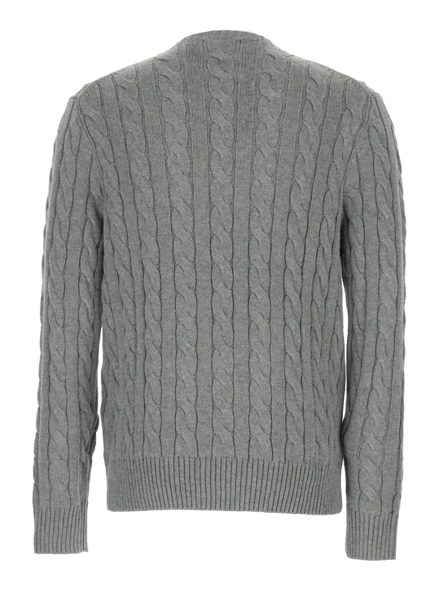 Polo Ralph Lauren Maglione Girocollo con Ricamo Cavallino sul Fronte e Lavorazione a Treccia in Cotone Grigio Uomo, view 2