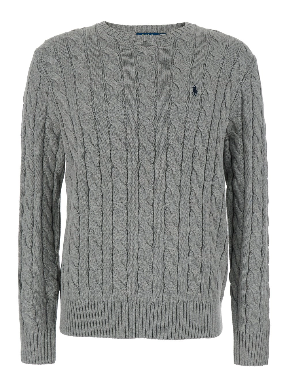 Polo Ralph Lauren Maglione Girocollo con Ricamo Cavallino sul Fronte e Lavorazione a Treccia in Cotone Grigio Uomo