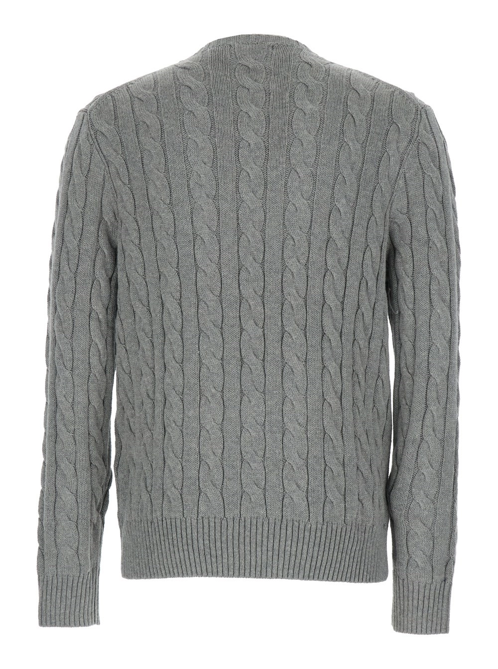 Polo Ralph Lauren Maglione Girocollo con Ricamo Cavallino sul Fronte e Lavorazione a Treccia in Cotone Grigio Uomo, view 2