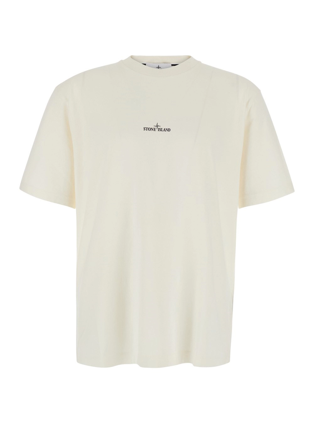 Stone Island T-shirt girocollo con logo lettering sul fronte e maxi stampa logo sul retro in cotone beige uomo