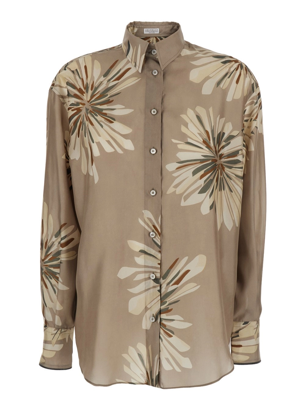 Brunello Cucinelli Camicia in Seta con Stampa All-Over Beige Donna