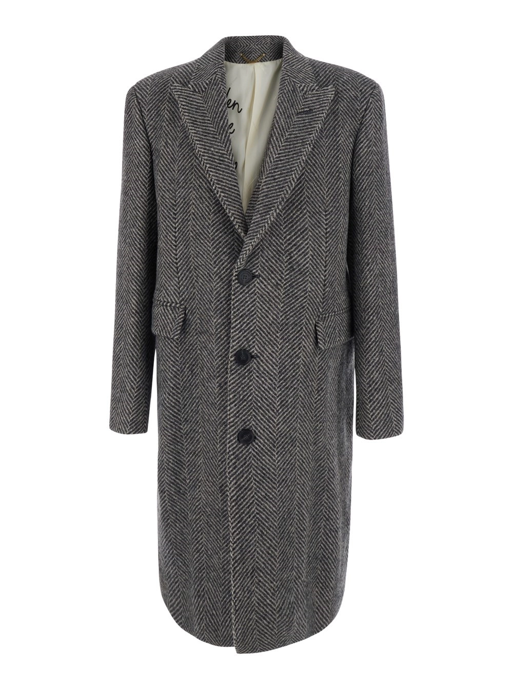 Golden Goose Cappotto 'Resca' Monopetto con revers a lancia e motivo spina di pesce in lana grigio uomo