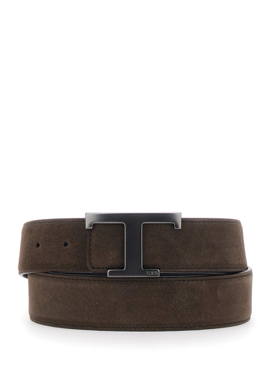 Tod's Cintura con chiusura con fibbia T in pelle scamosciata marrone uomo
