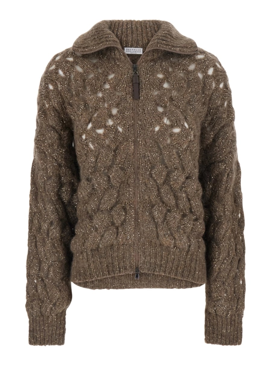 Brunello Cucinelli Cardigan a collo alto con lavorazione a treccia in misto lana beige donna