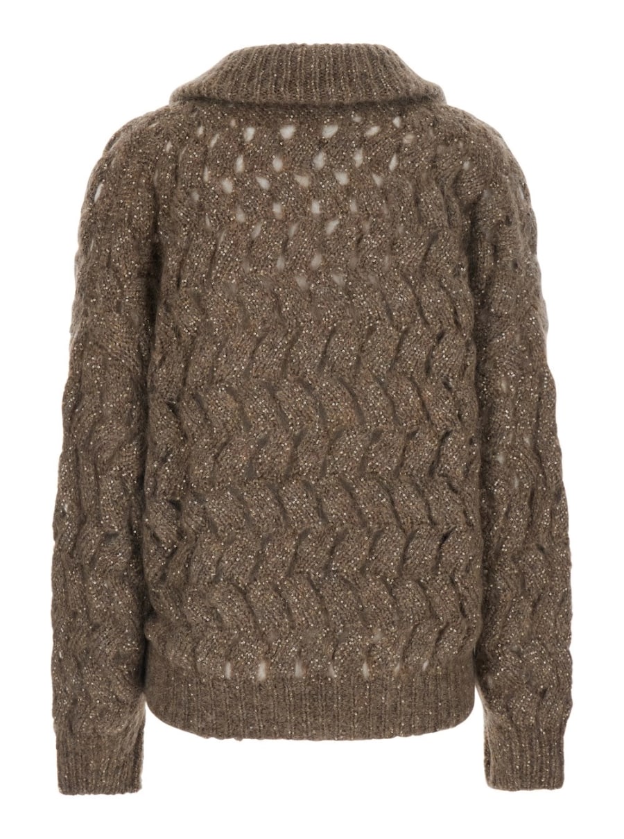 Brunello Cucinelli Cardigan a collo alto con lavorazione a treccia in misto lana beige donna, view 2