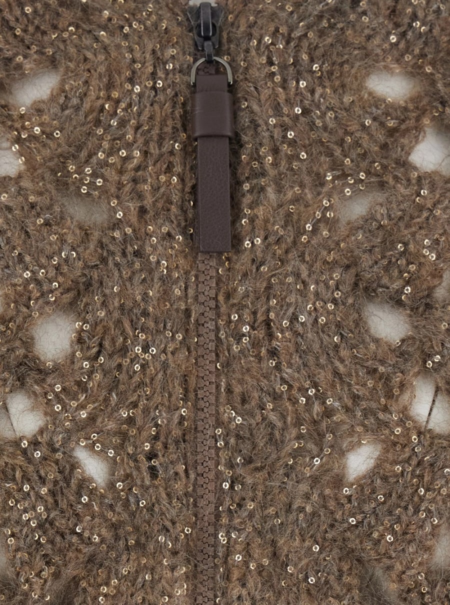 Brunello Cucinelli Cardigan a collo alto con lavorazione a treccia in misto lana beige donna, view 3