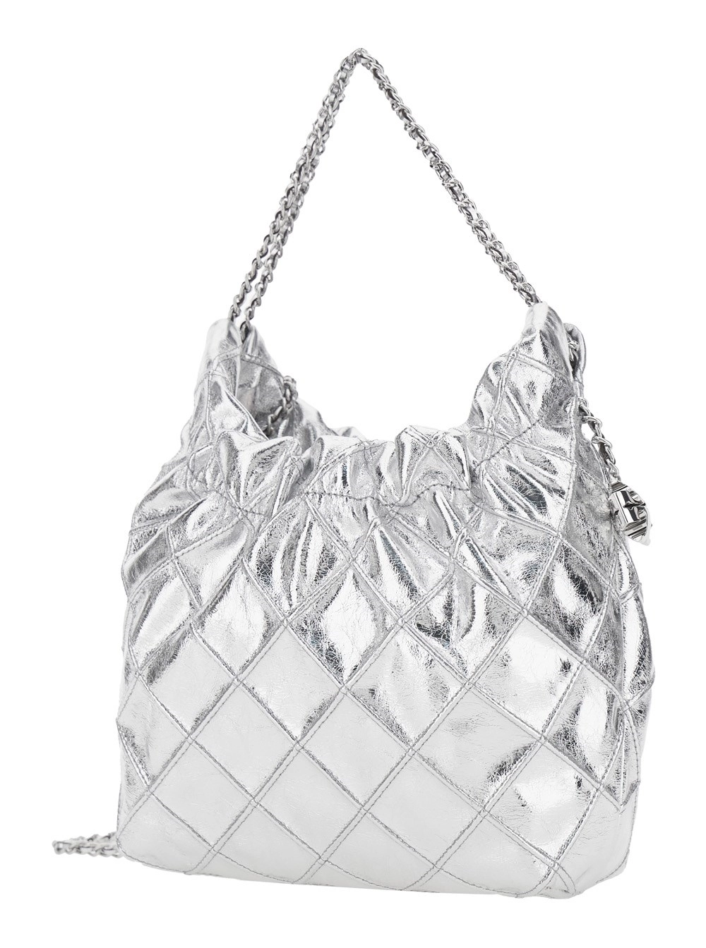Tory Burch Borsa a Spalla 'Fleming Mini' con Tracolla a Catena e Pendente Metallico con Logo in Pelle Color Argento Donna, view 2