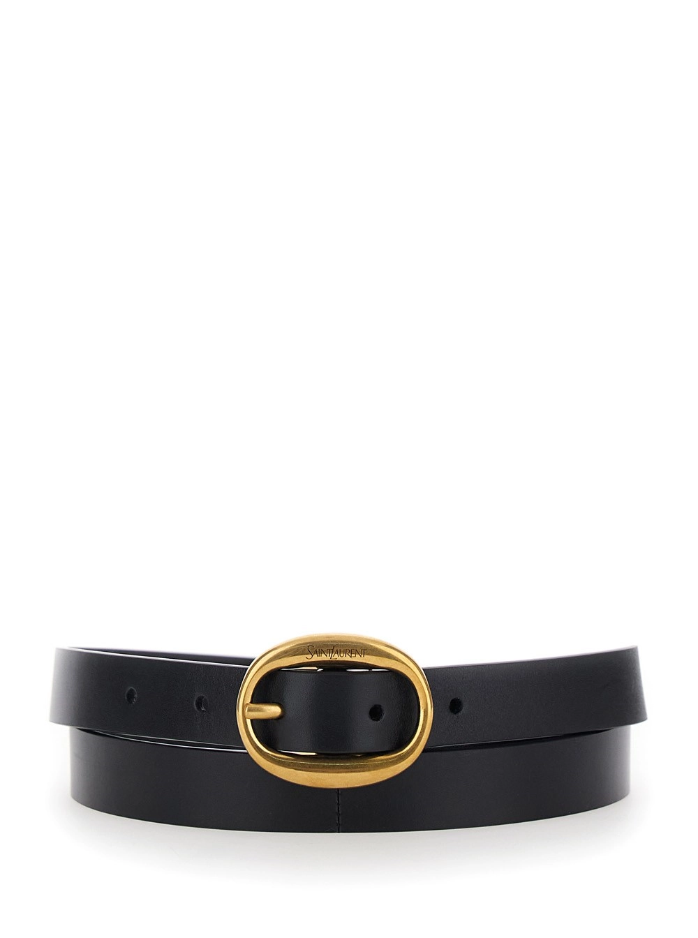 Saint Laurent Cintura con Chiusura con Fibbia Ovale con Logo Lettering in Pelle Nera Donna
