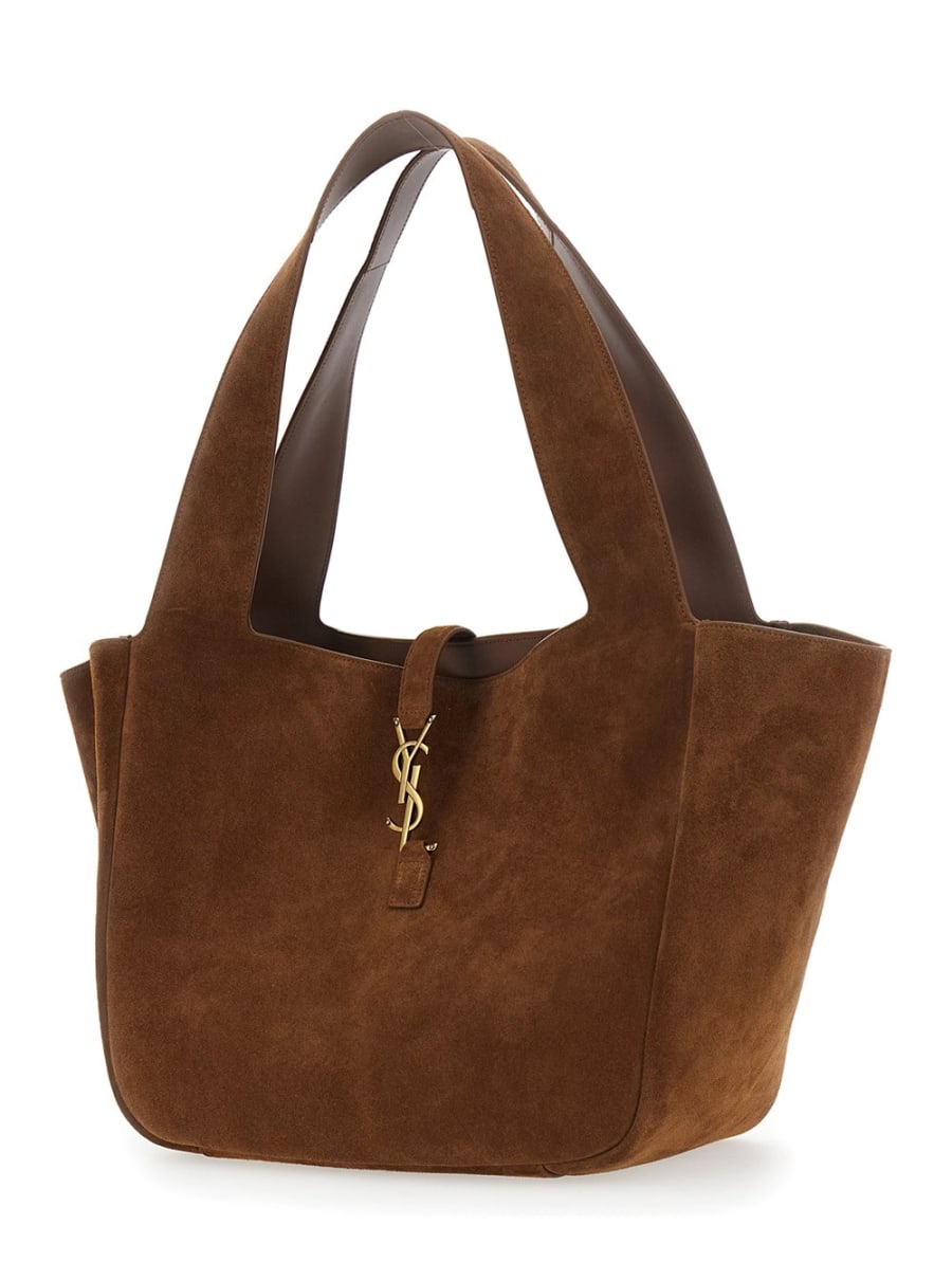 Saint Laurent Borsa a Spalla 'Bea' con Placca Cassandre sul Fronte in Pelle Scamosciata Marrone Donna, view 2