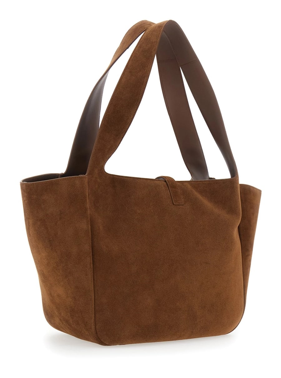 Saint Laurent Borsa a Spalla 'Bea' con Placca Cassandre sul Fronte in Pelle Scamosciata Marrone Donna, view 3