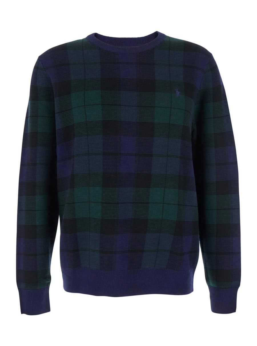 Polo Ralph Lauren Maglione Girocollo con Ricamo Cavallino sul Fronte e Motivo Check All-Over in Lana Blu Uomo