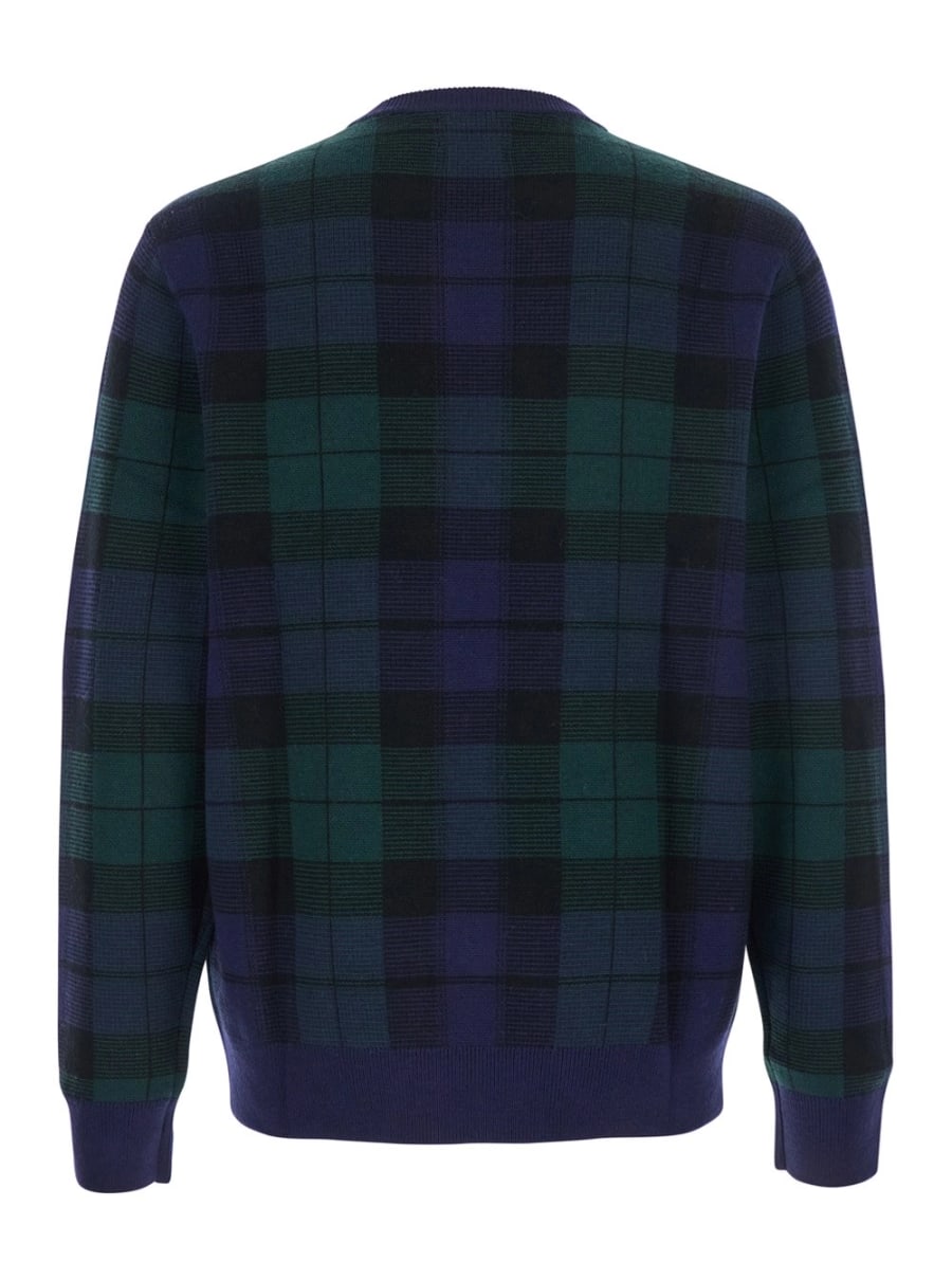 Polo Ralph Lauren Maglione Girocollo con Ricamo Cavallino sul Fronte e Motivo Check All-Over in Lana Blu Uomo, view 2