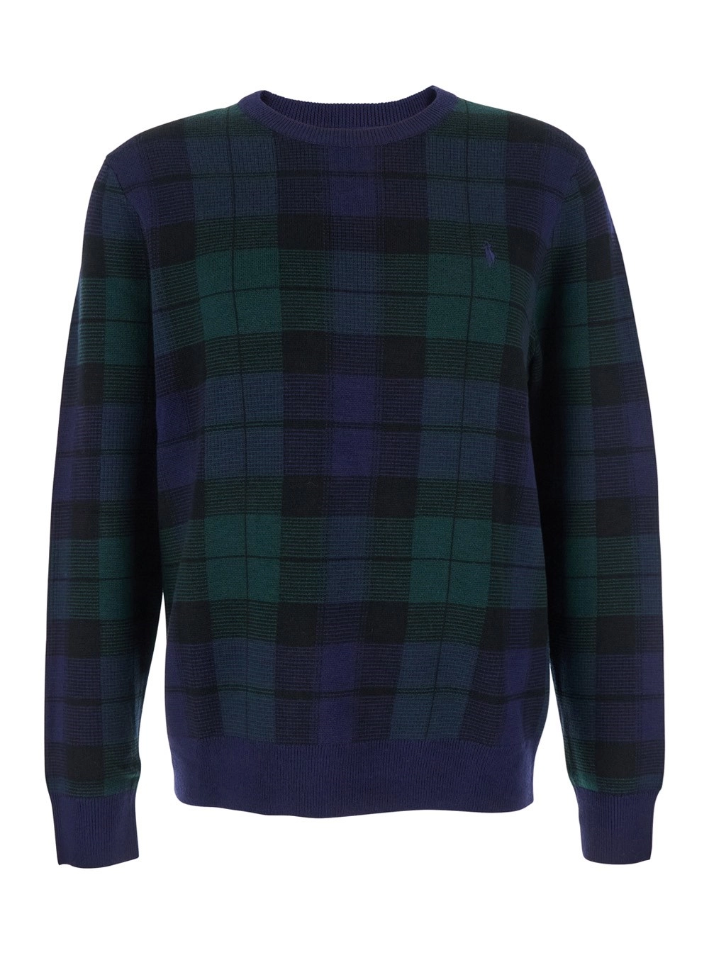 Polo Ralph Lauren Maglione Girocollo con Ricamo Cavallino sul Fronte e Motivo Check All-Over in Lana Blu Uomo