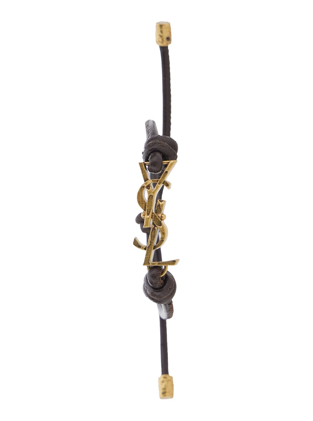 Saint Laurent Bracciale con placca logo Cassandre dorata e chiusura regolabile in pelle marrone uomo