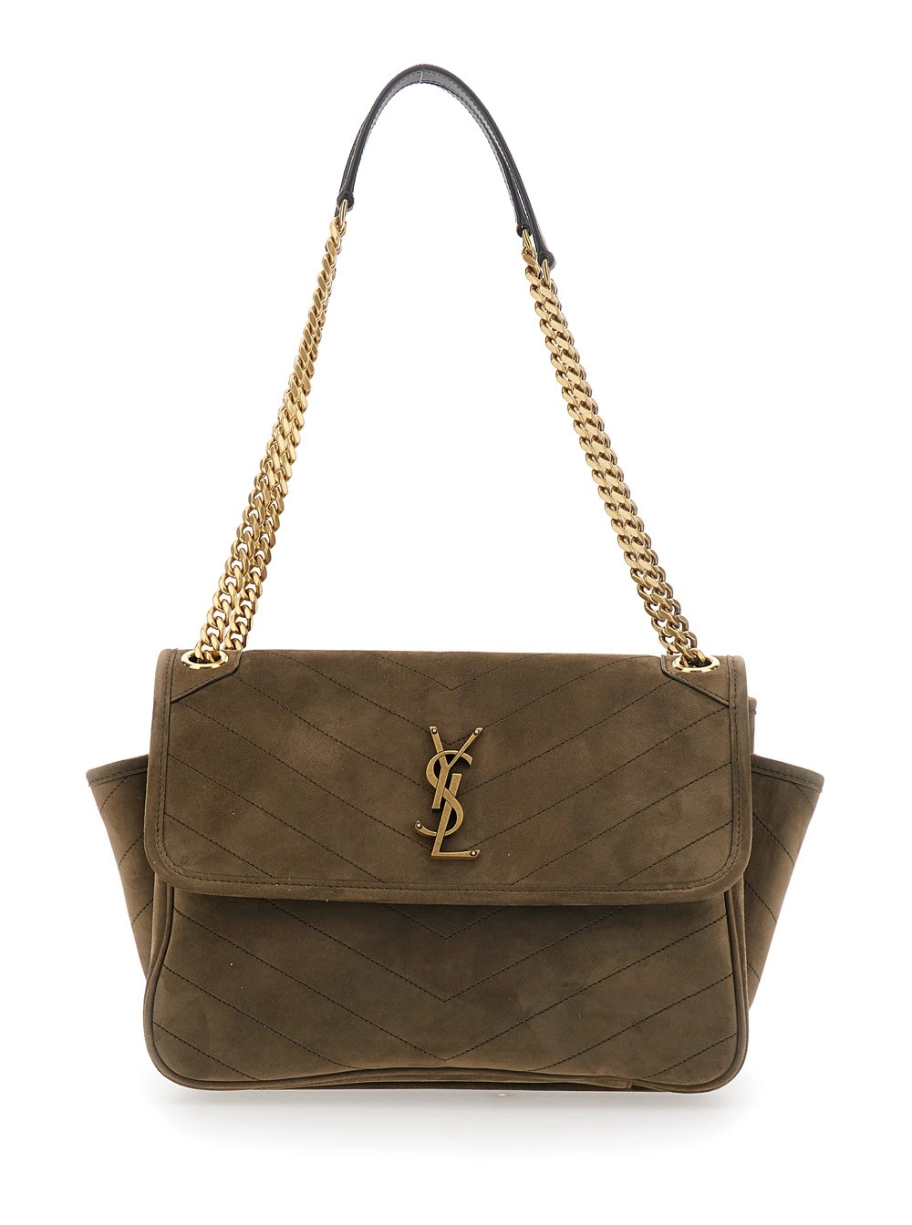 Saint Laurent Borsa a Tracolla 'Niki Tripouch' con Cassandre sul Fronte e Due Manici con Catena in Pelle Scamosciata Verde Donna
