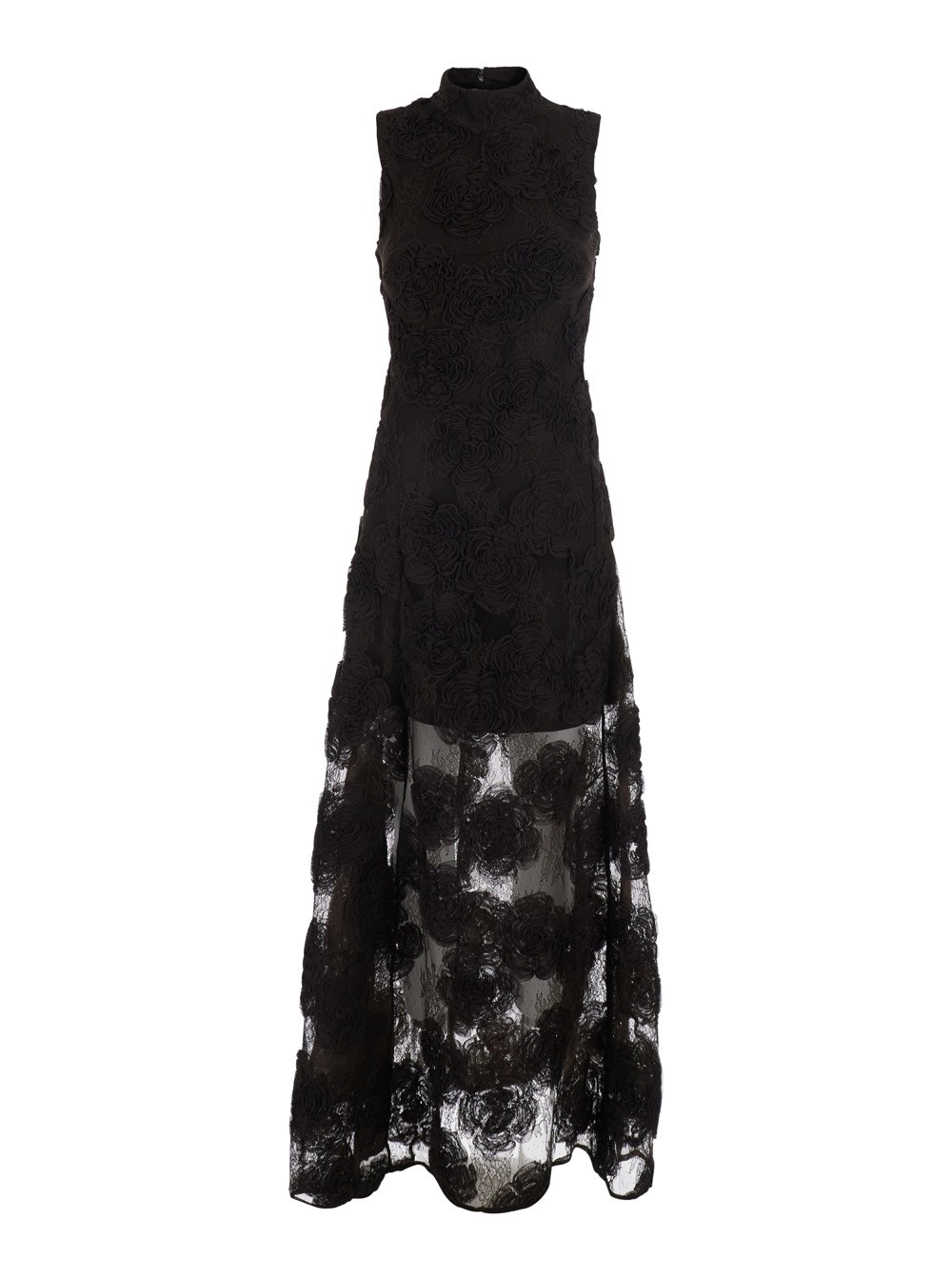 Rotate Abito lungo smanicato con collo alto e ricamo floreale all-over in tessuto tecnico marrone donna