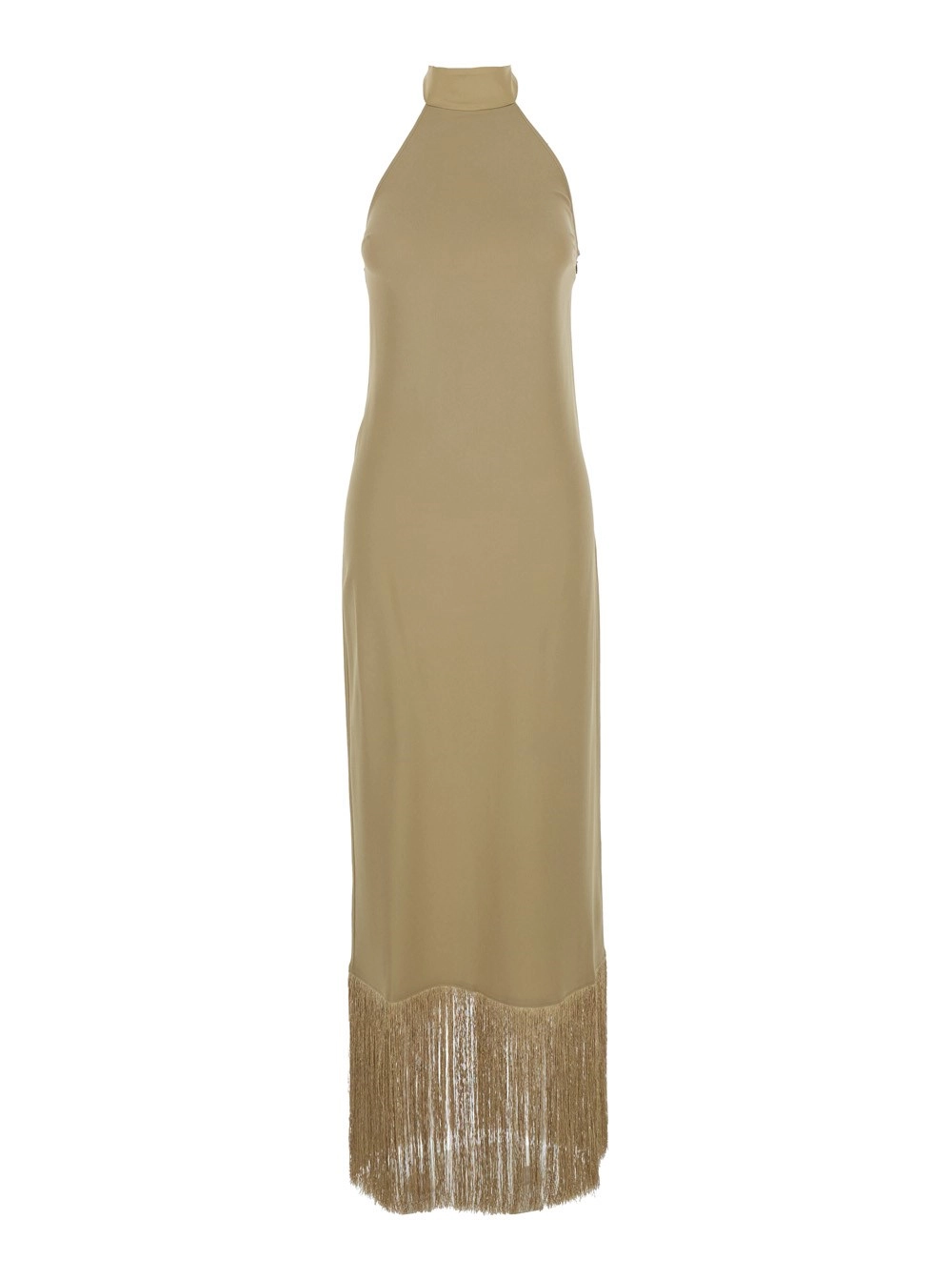 Taller marmo Abito Lungo 'Berlin' Beige con Collo Alto e Frange Applicate sui Bordi in Crepe Cady Donna