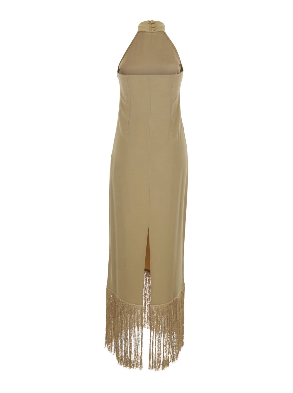 Taller marmo Abito Lungo 'Berlin' Beige con Collo Alto e Frange Applicate sui Bordi in Crepe Cady Donna, view 2