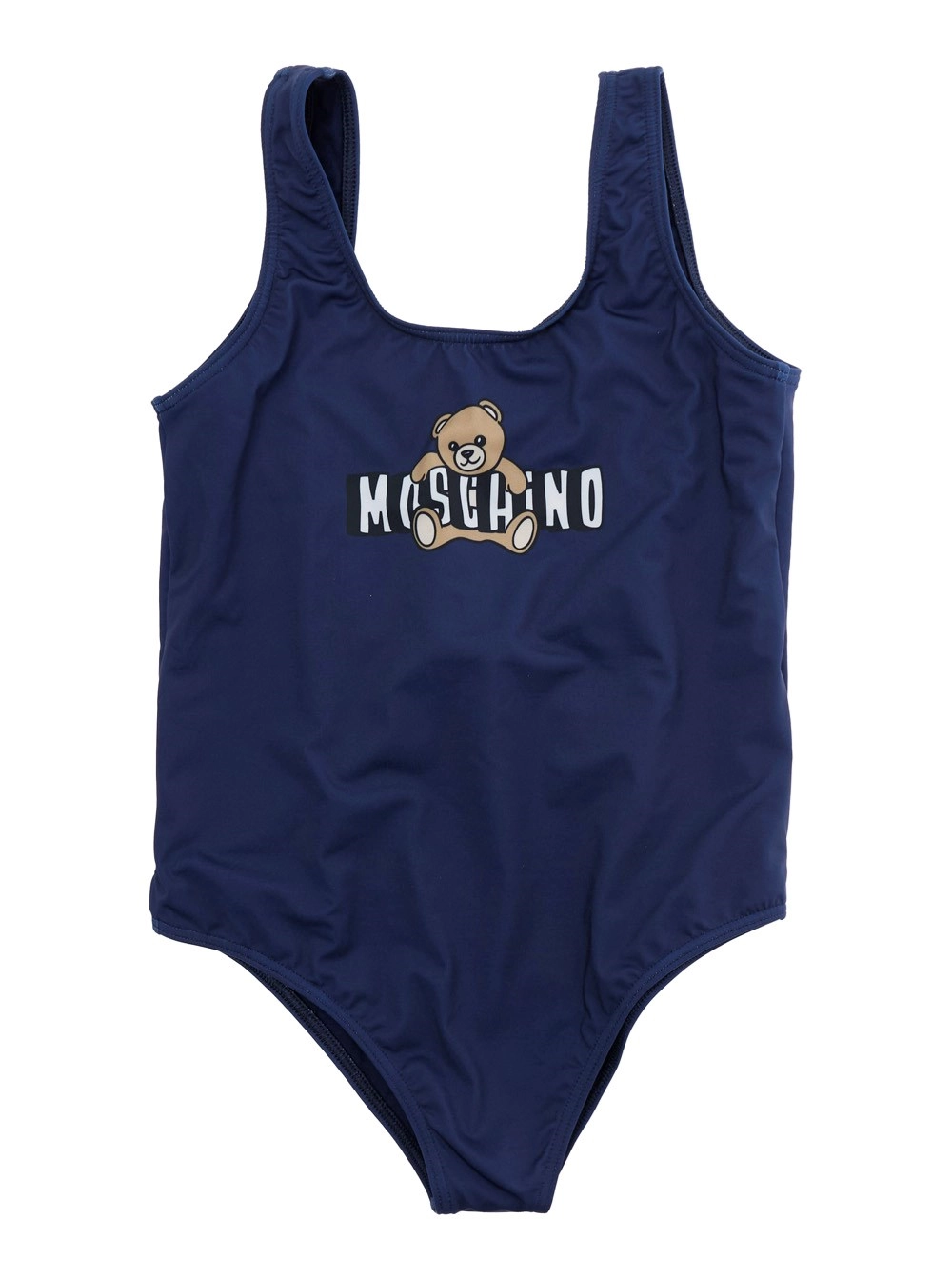 Moschino kids Costume Intero 'Logo' con Scollo Quadrato e Stampa Logo sul Fronte in Tessuto Tecnico Blu Bambina