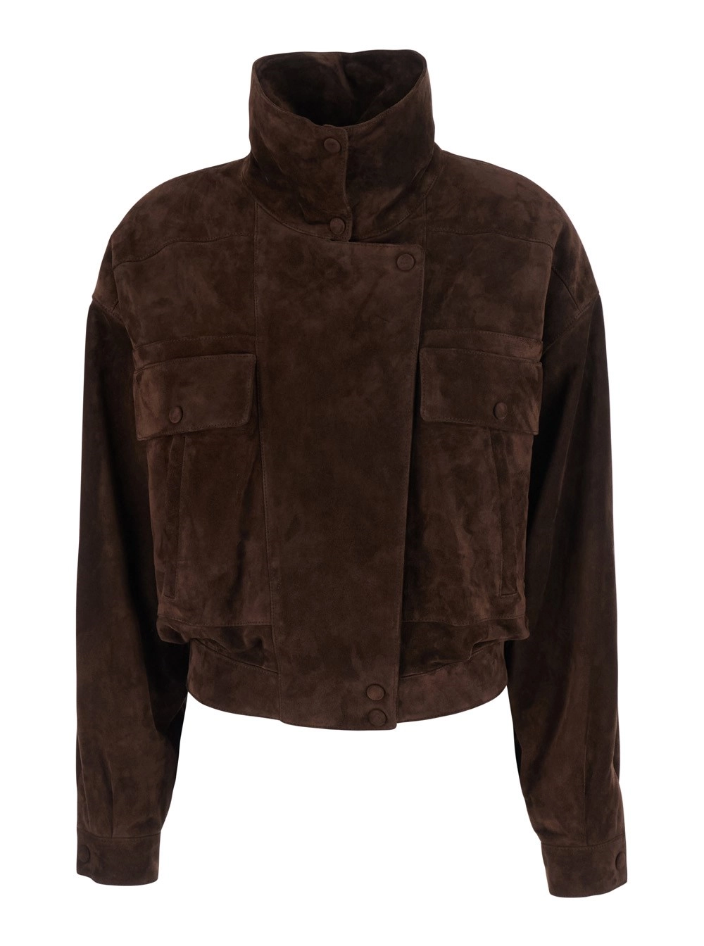 Saint Laurent Giubbotto con collo rialzato con bottoni automatici e vita elasticizzata sul retro in pelle scamosciata marrone donna