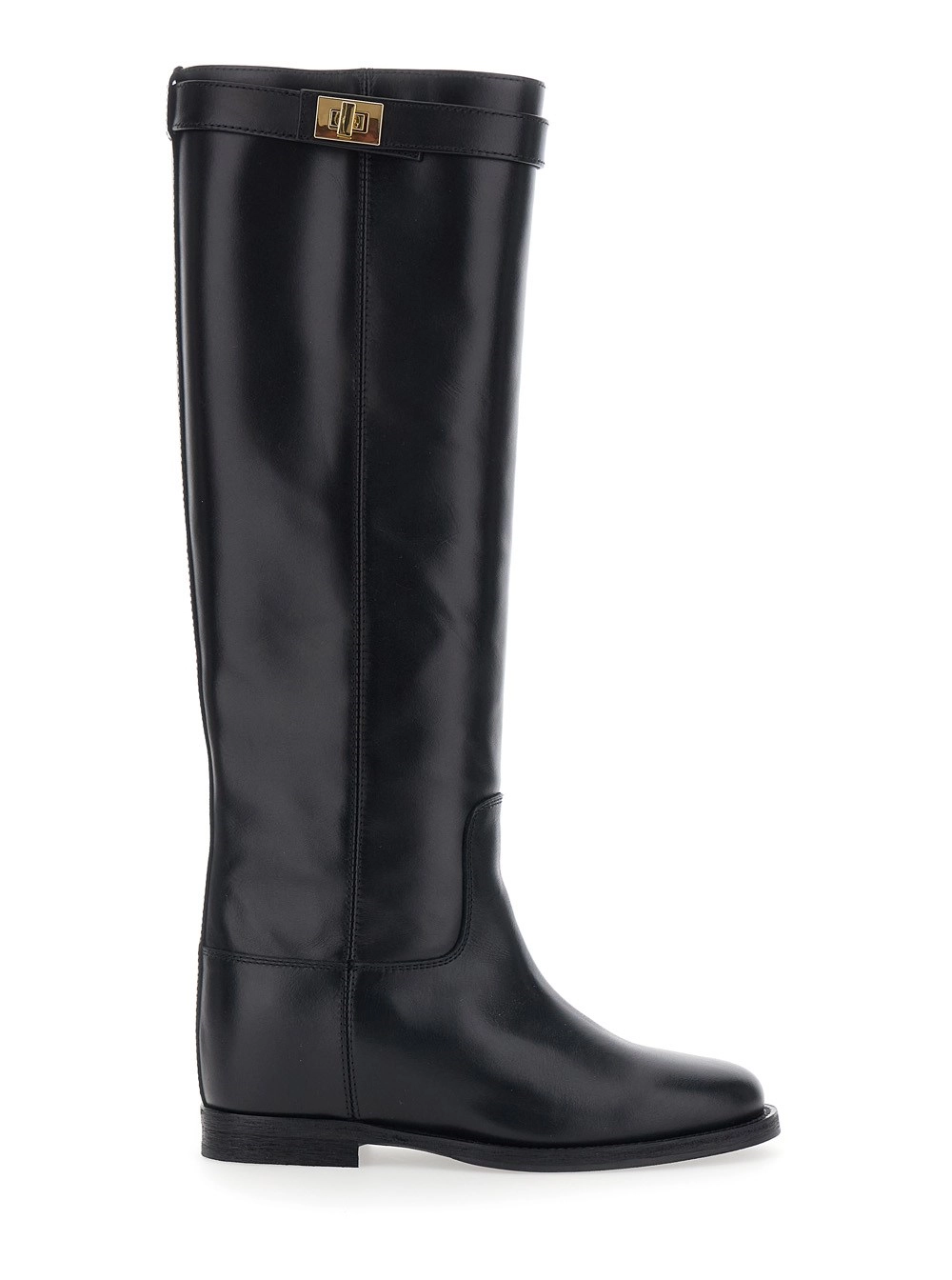 Via roma 15 Stivale con fascia con lucchetto in pelle liscia nero donna