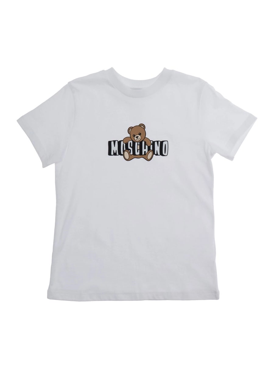 Moschino kids T-Shirt Girocollo 'MOSCHINO KIDS' con Stampa Logo sul Fronte in Cotone Bianco Bambino