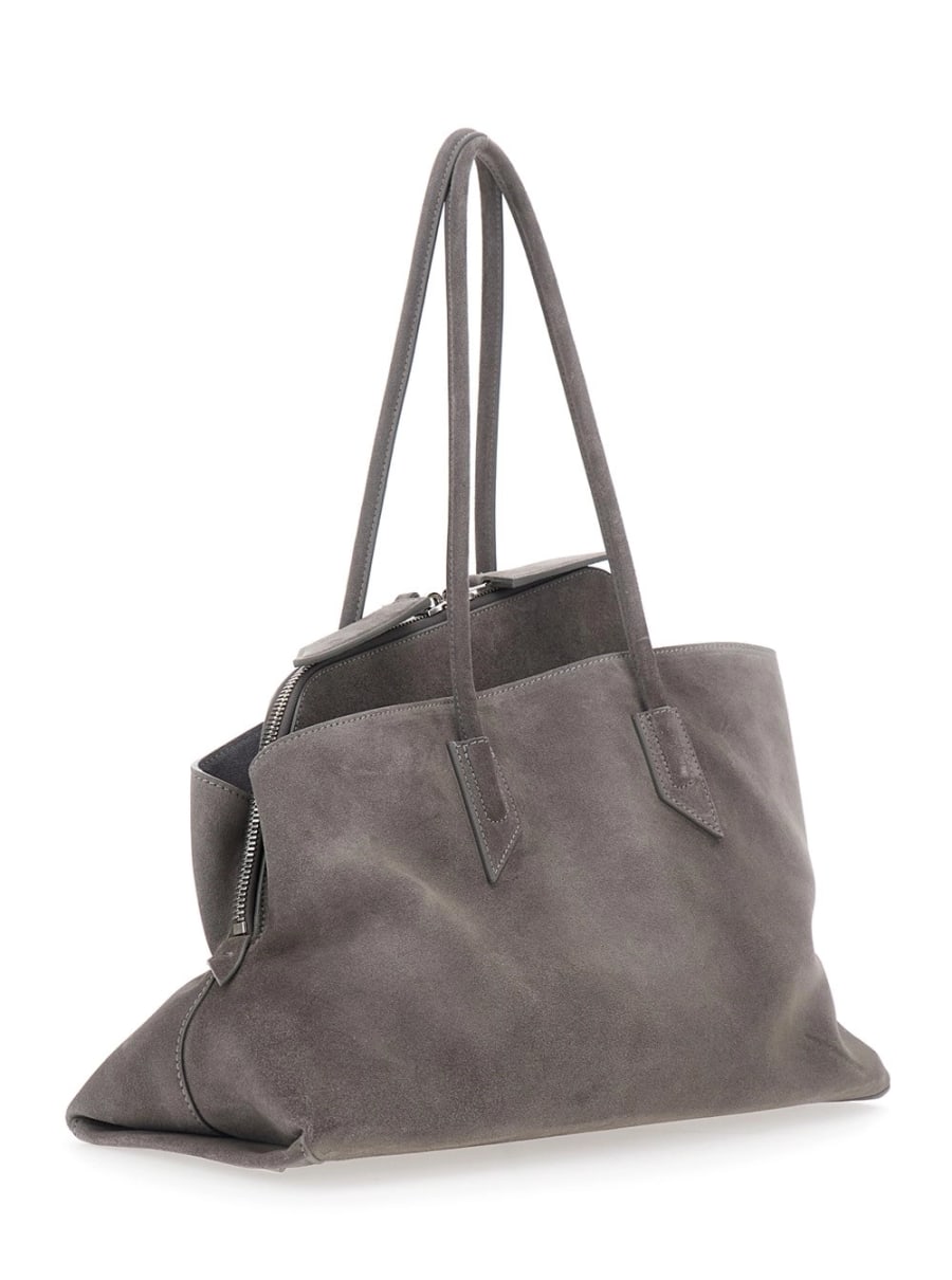 The Attico Borsa a Spalla 'La Passeggiata' Media con Due Manici Superiori in Pelle Scamosciata Grigia Donna, view 3