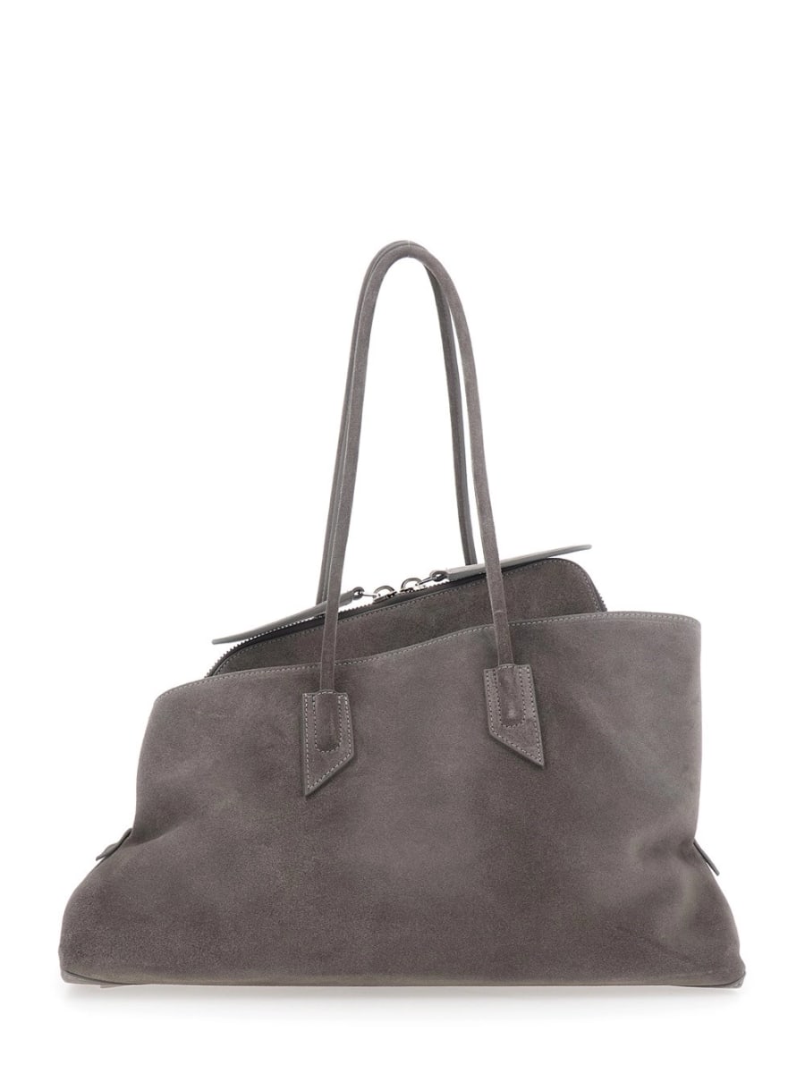 The Attico Borsa a Spalla 'La Passeggiata' Media con Due Manici Superiori in Pelle Scamosciata Grigia Donna, view 4