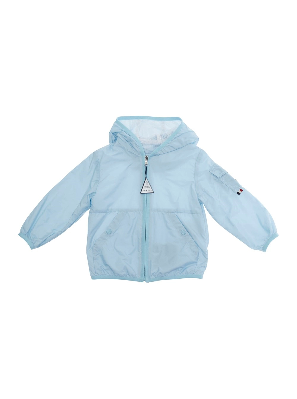 Moncler kids Giubbotto con Chiusura con ZIp e Patch logo sulla manica in Tessuto Tecnico Azzurro baby