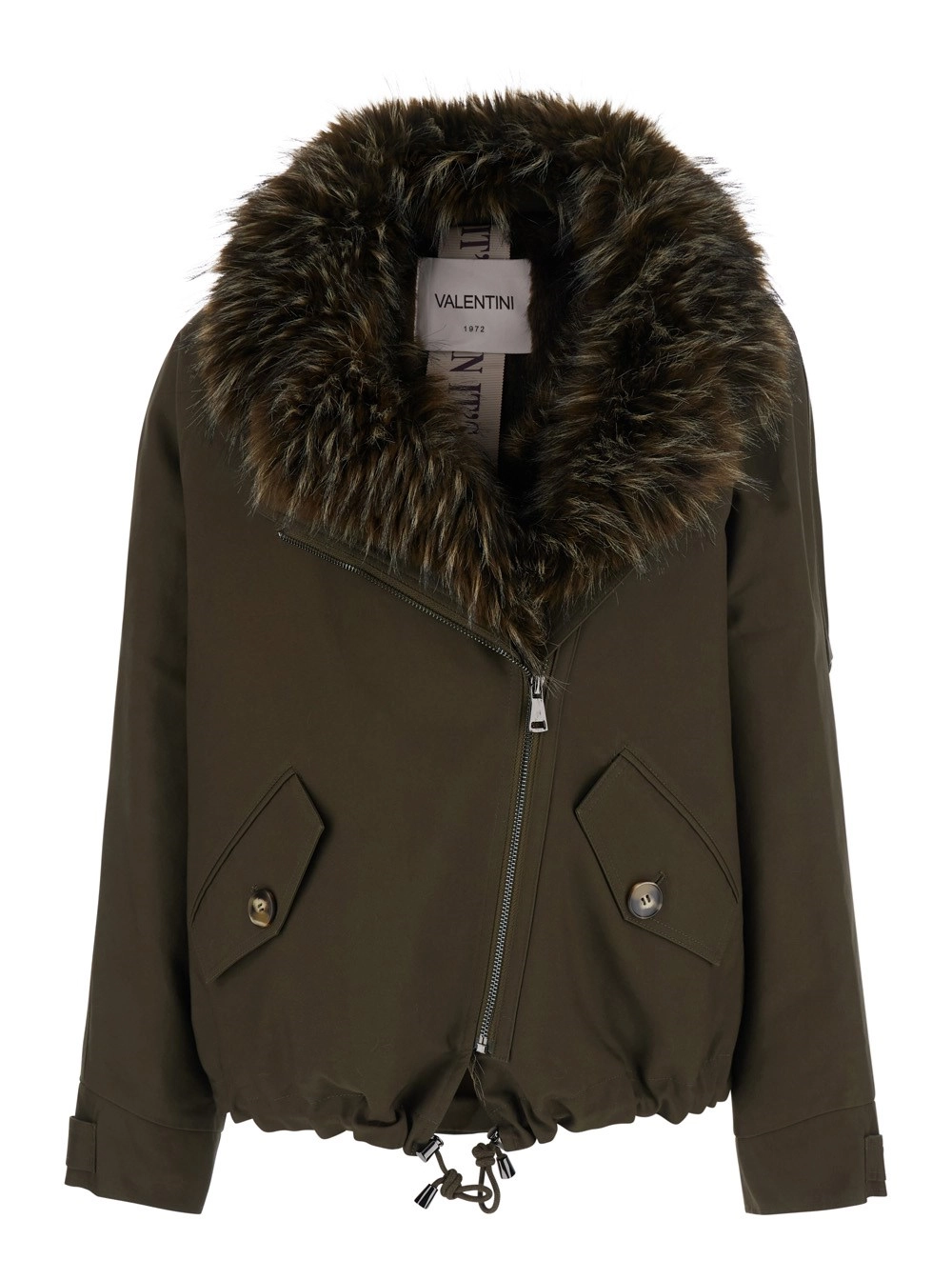 Valentini 1972 Giubbotto con collo ampio in pelliccia e chiusura decentrata con zip sul fronte in cotone verde donna