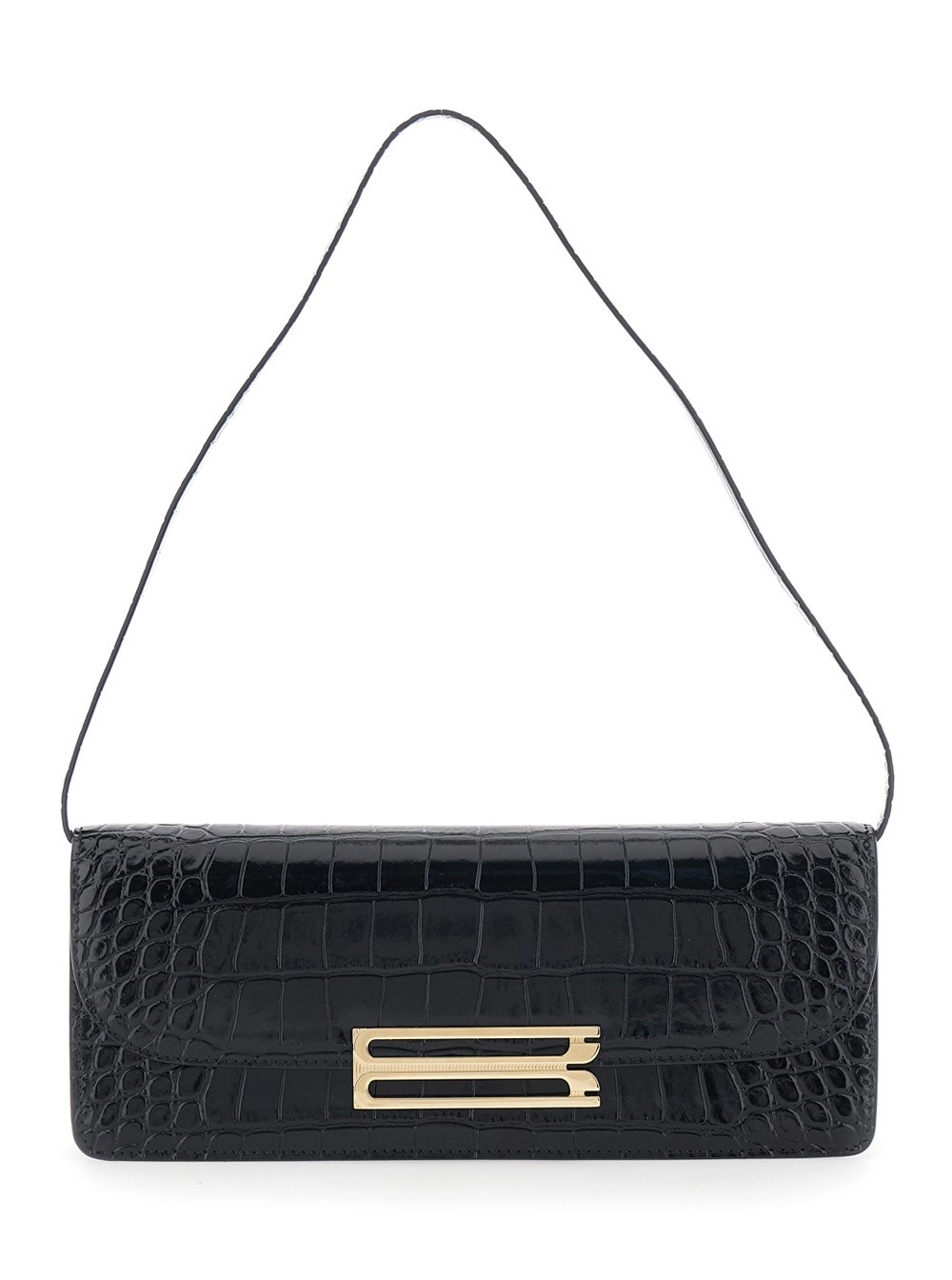 Victoria Beckham Borsa a Spalla 'Dorian East-West' con Chiusura con Placca sul Fronte e Effetto Pelle di Coccodrillo Goffrata in Pelle Nera Donna