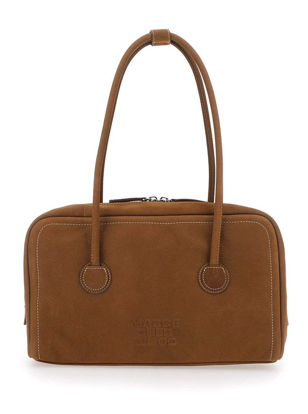 Margesherwood Borsa a Spalla 'Soft Boston' Piccola con Logo Lettering sul Fronte in Pelle Marrone Donna