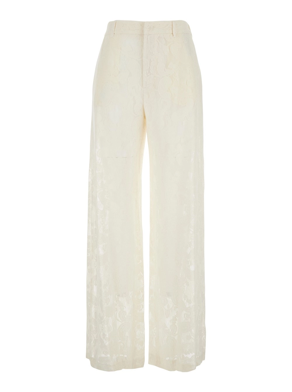 PT Torino Pantalone 'Lorenza' con Passanti per CIntura e Ricamo in Pizzo All-Over in Misto Cotone Bianco Donna