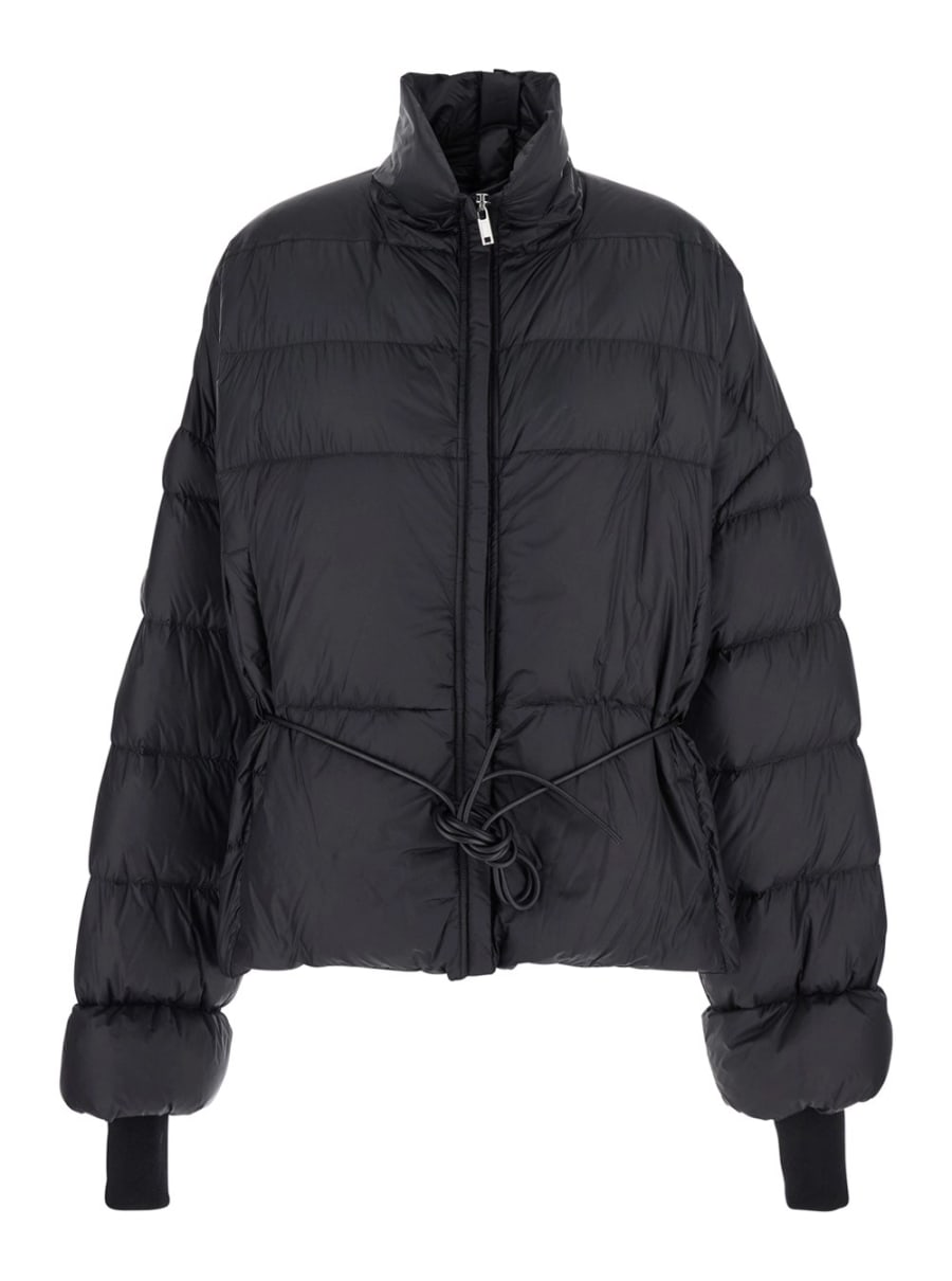 Rick Owens Piumino con Collo Alto e Coulisse in Vita in Tessuto Tecnico Nero Donna