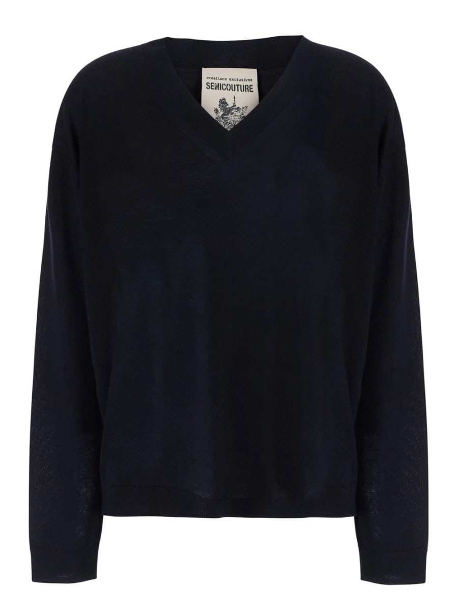 Semicouture Maglia 'JADE' con scollo a V in lana vergine blu donna