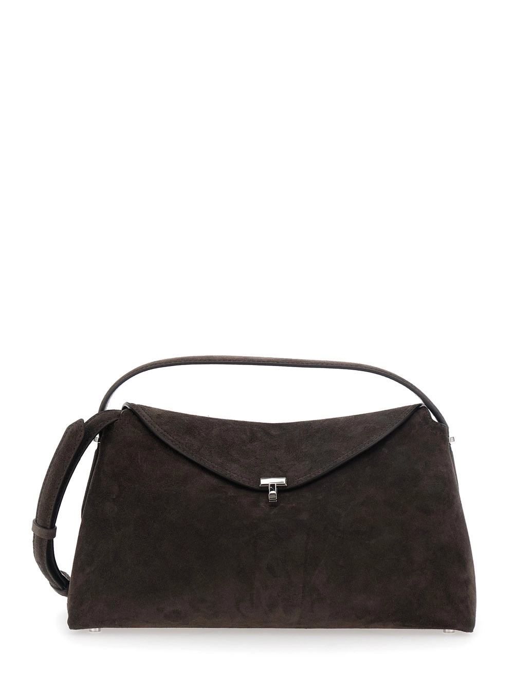 Toteme Borsa a Mano con Chiusura con Placca T e Tracolla Removibile in Pelle Scamosciata Marrone Donna