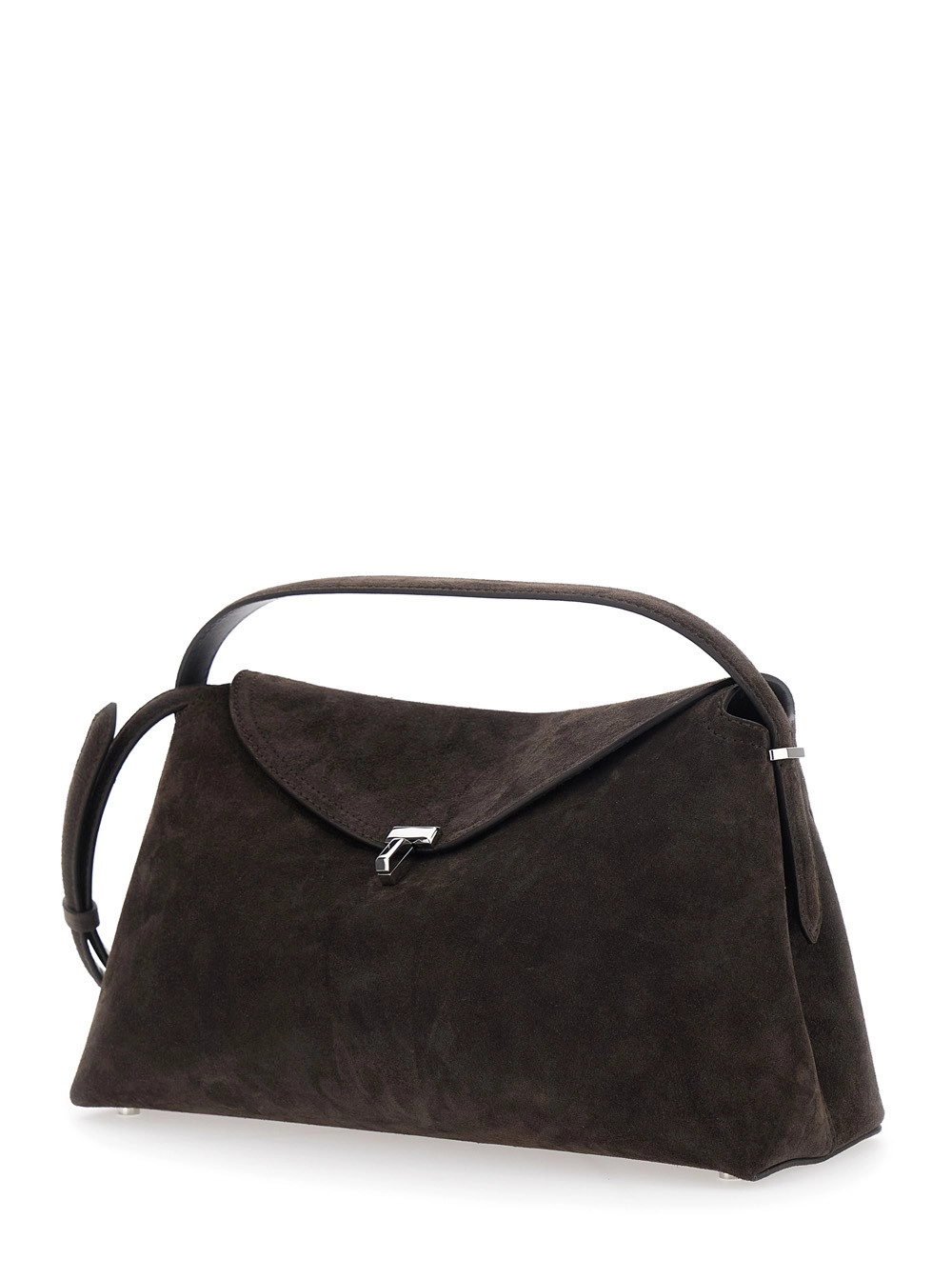 Toteme Borsa a Mano con Chiusura con Placca T e Tracolla Removibile in Pelle Scamosciata Marrone Donna, view 2