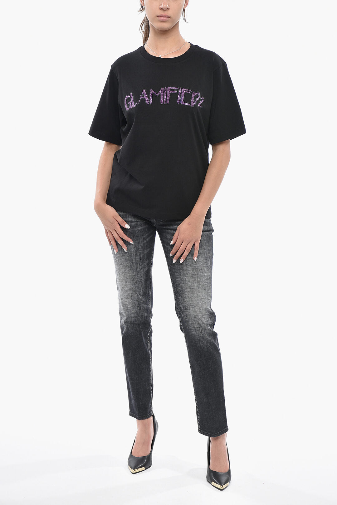 Dsquared2 3500~Solid-Color Crewneck T-Shirt EASY FIT with Rhinestone Detail