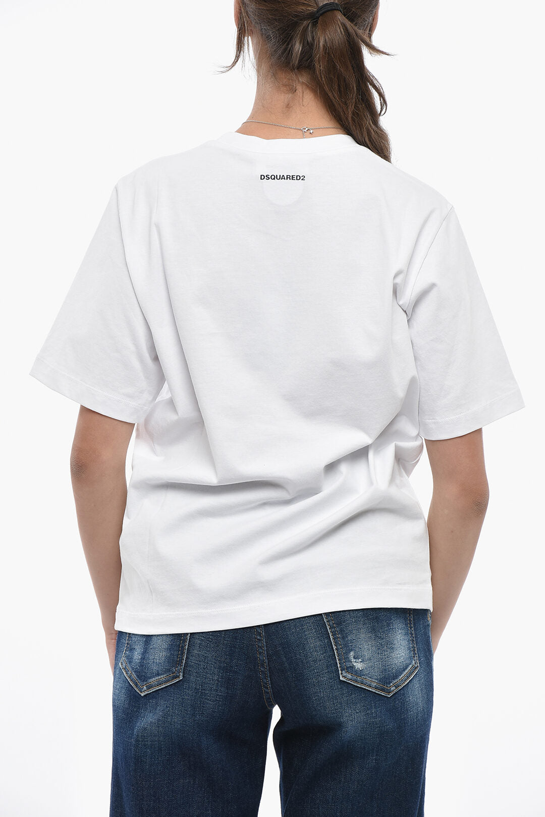Dsquared2 2405~Solid-Color Crewneck T-Shirt EASY FIT with Rhinestone Detail