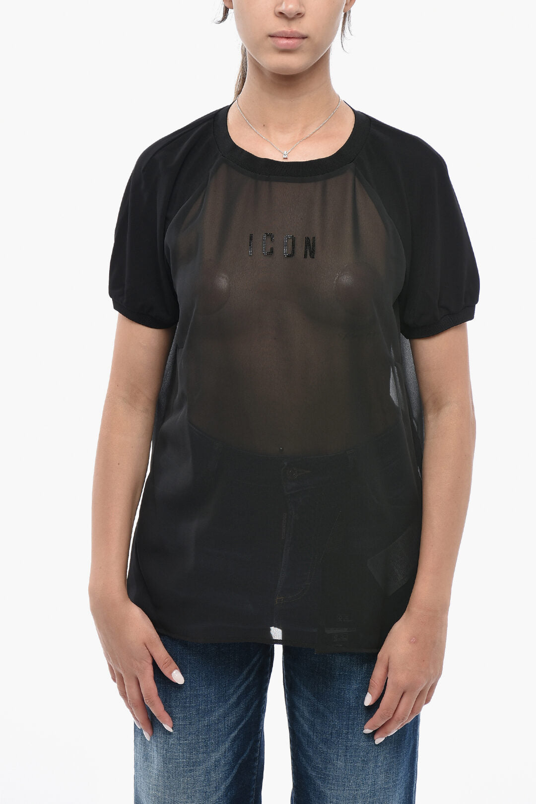 Dsquared2 3500~Transparent Crew-Neck T-Shirt with Rhinestone Monogram